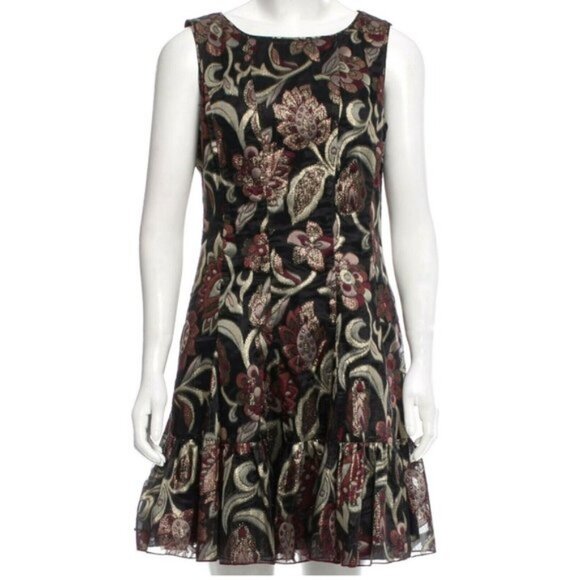 ANNA SUI Dress Metallic Floral Brocade Luxe Metallic Bronze Mini Ruffle Fall 17 - Picture 3 of 11